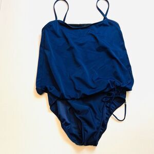 Vintage Lands End Blouson Swimsuit Womens 10 Navy Tankini Style Slimming 1 Piece